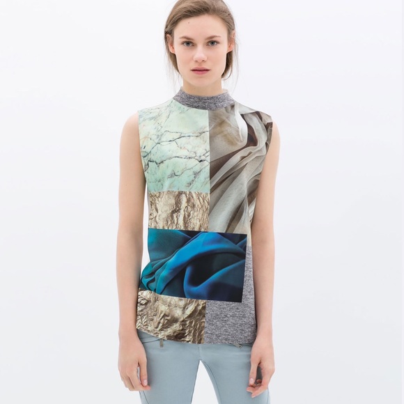 Zara Scuba Neoprene Graphic Print Top Sleeveless Mock Neck Small Colorful - Picture 3 of 10